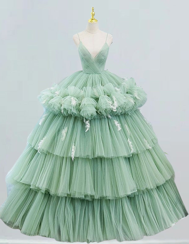 Light green spaghetti strap pleated long train ball gown