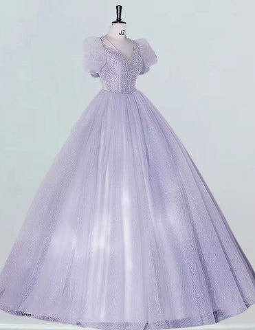 Elegant lavender sequin tulle V-neck quinceanera prom gown for girls3