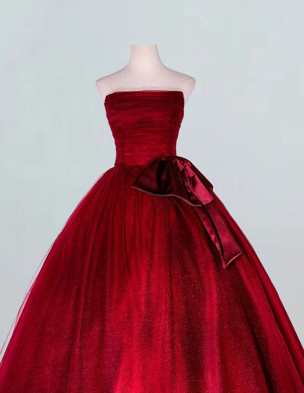 Burgundy strapless tulle ball gown for girls, perfect for prom and bridal events, featuring elegant and modest design with potential for off shoulder, cape, or corset variations2