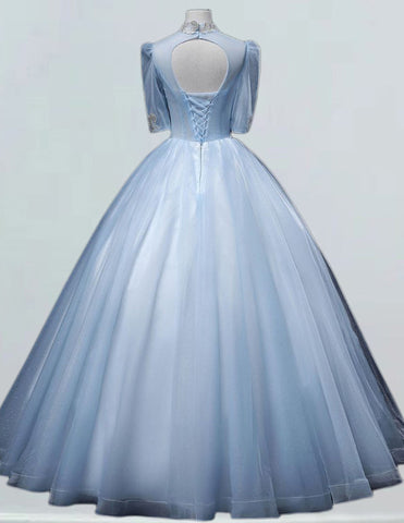 Elegant light blue rhinestone ball gown for girls' prom and bridal events