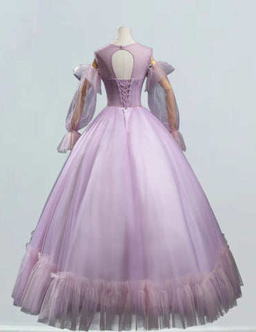 a dress made of purple tulle and a white background