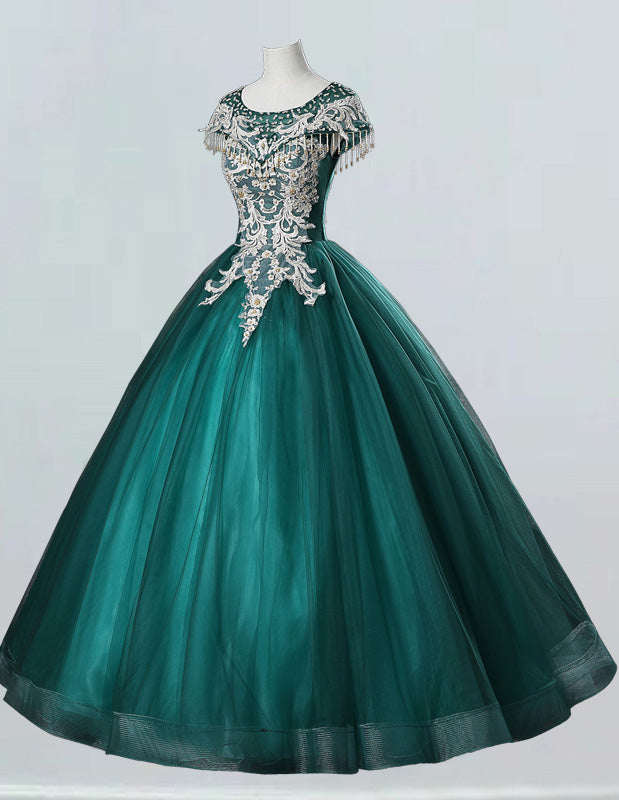 Elegant green lace applique prom gown with boat neck, princess evening dress for girls, formal ball gown dresses and bridesmaid attire3