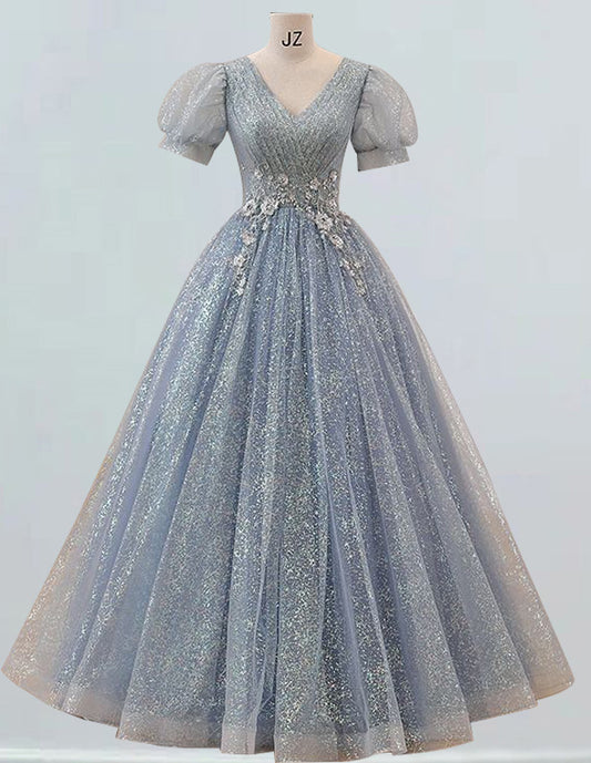 Grey blue v-neck lace ball gown with short sleeves for wedding party, princess style evening dress2 VIMYES