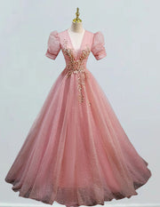 Women's Pink V-Neck Lace Applique Long Prom Dress | Elegant Evening Ball Gown