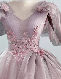 Pink v-neck fairy long tulle ball gown for bridal evening party prom dress with elegant and aesthetic design0