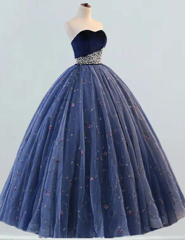 Elegant navy velvet strapless ball gown with pearl embellishments for prom or formal events0