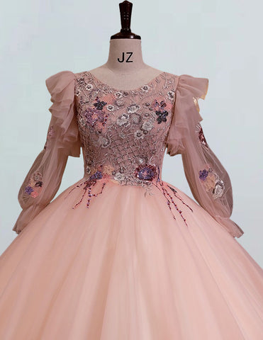 Elegant pink lace long sleeve ball gown prom dress for girls1