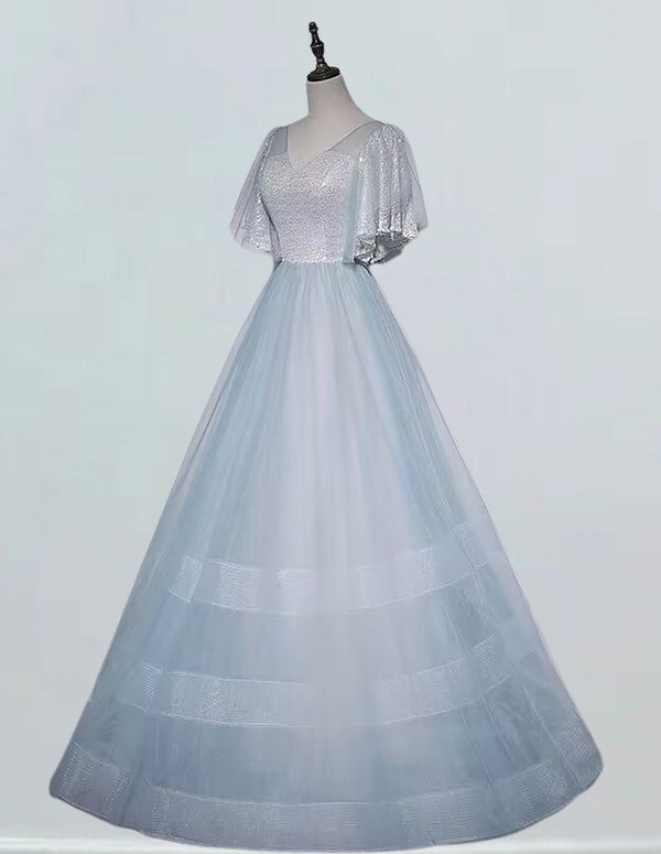 Silver sequined tulle bridal gown with V-neck and short sleeves, elegant long evening dress for graduation or prom2