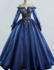 Navy blue scoop lace applique beaded tulle prom dress ball gown long sleeve princess evening party gown