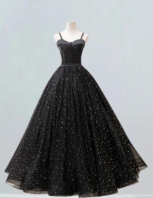 Elegant black tulle lace ball gown for girls with sparkle prom and evening dress features2