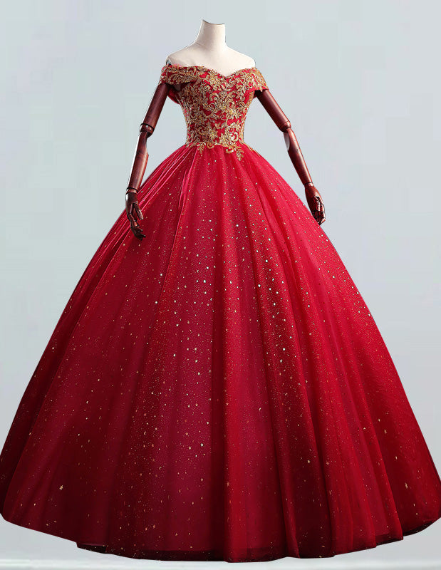 Elegant off-shoulder red tulle beaded ball gown for prom, weddings, and formal events0