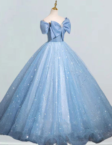 Elegant blue sparkle off-shoulder Quinceanera ball gown for girls' formal events, including prom and bridesmaid dresses2