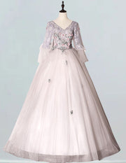 Women's Elegant Grey Lace Applique Tulle V-Neck Prom Ball Gown