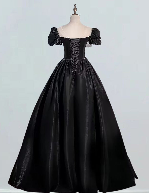 Elegant black satin prom gown with sleeves, scoop neck evening dress for girls, formal ball gowns and bridesmaid dresses1