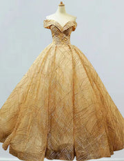 Gold Sequin Off-Shoulder Prom Dress with Lace Applique | Elegant Evening Gown