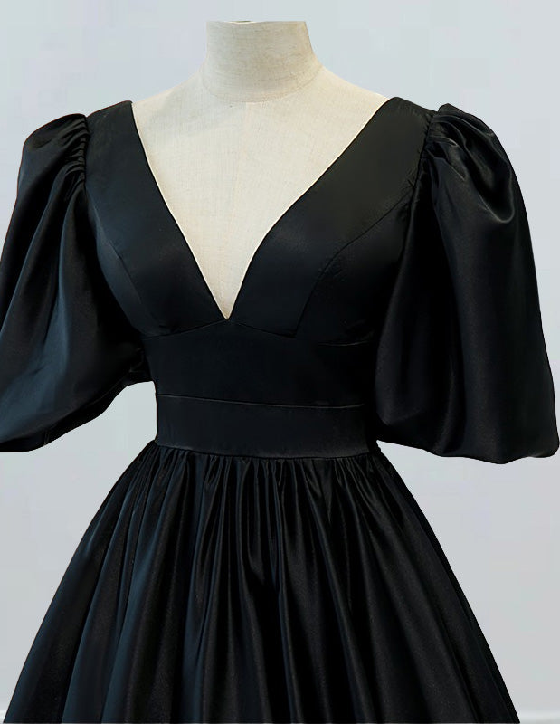 Black V-neck short sleeve floor-length long satin ball gown for prom, elegant and modest evening dress with off-shoulder and corset features, perfect for formal events and princess parties0