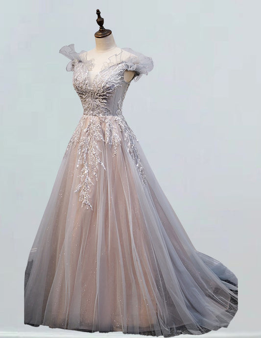 Elegant V-Neck Beaded Lace Tulle Prom & Evening Ball Gown for Girls VIMYES