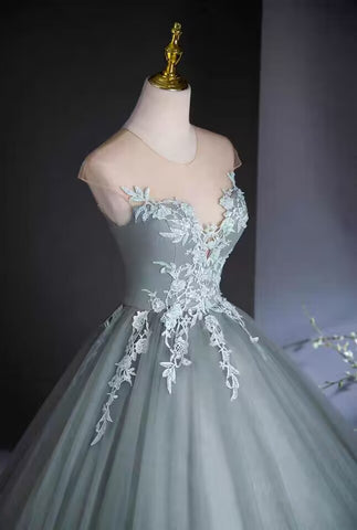 Dusty blue scoop lace applique long tulle ball gown