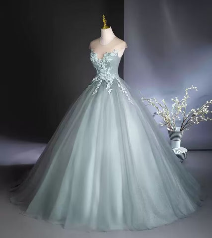 Dusty blue scoop lace applique long tulle ball gown