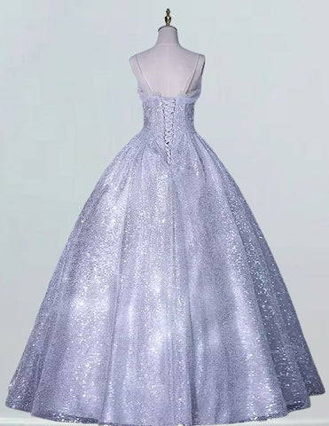 Elegant grey sequin prom ball gown with sweetheart spaghetti strap for girls - formal evening dress0