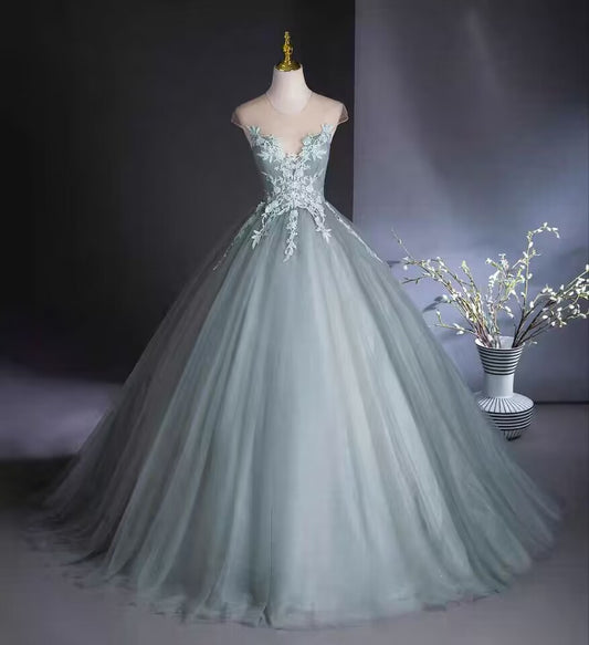 Dusty blue scoop lace applique long tulle ball gown VIMYES