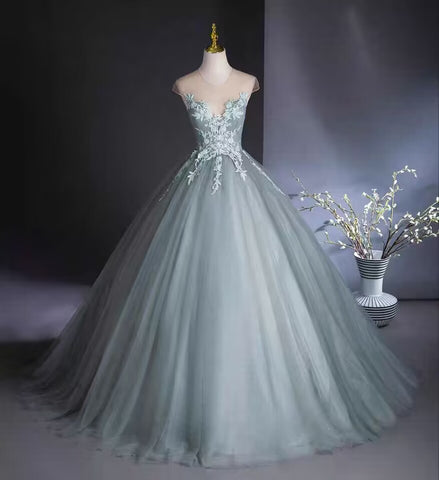 Dusty blue scoop lace applique long tulle ball gown