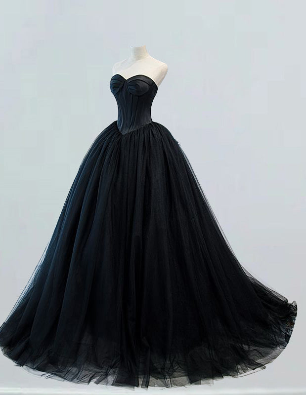 Black strapless tulle chapel train ball gown fairy a line prom dress – VIMYES