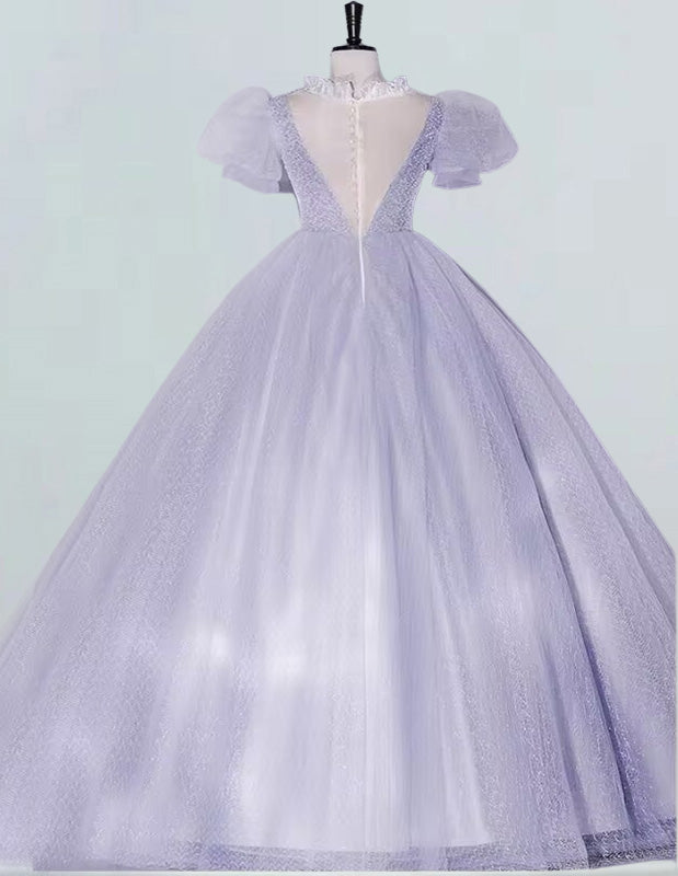 Elegant lavender sequin tulle V-neck quinceanera prom gown for girls0