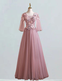 Elegant pink lace V-neck evening and prom gown for girls1