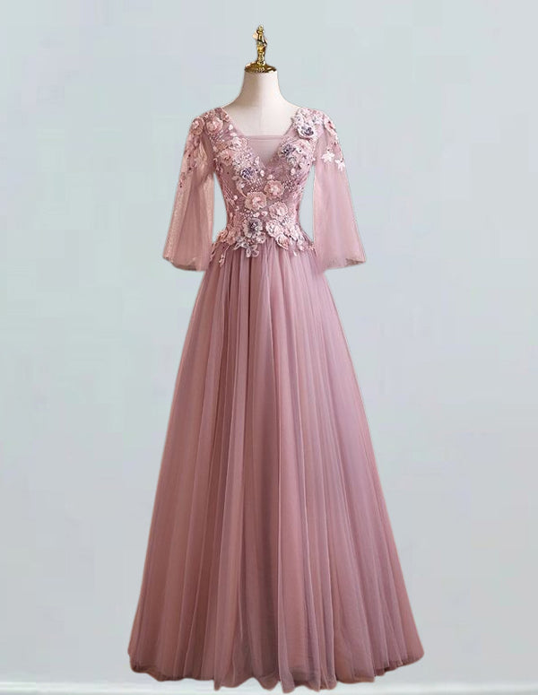 Elegant pink lace V-neck evening and prom gown for girls1