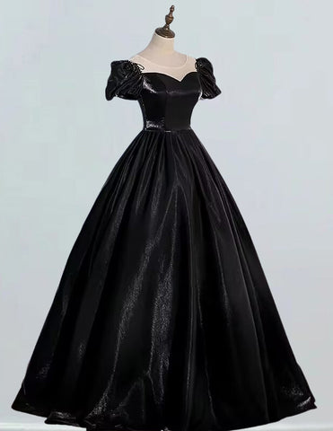 Elegant black satin prom gown with sleeves, scoop neck evening dress for girls, formal ball gowns and bridesmaid dresses2