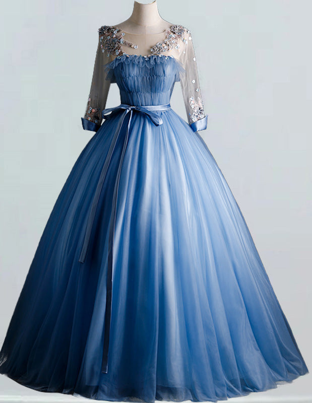 Blue pleated lace applique scoop long tulle ball gown for girls, perfect for prom, weddings, and formal events2