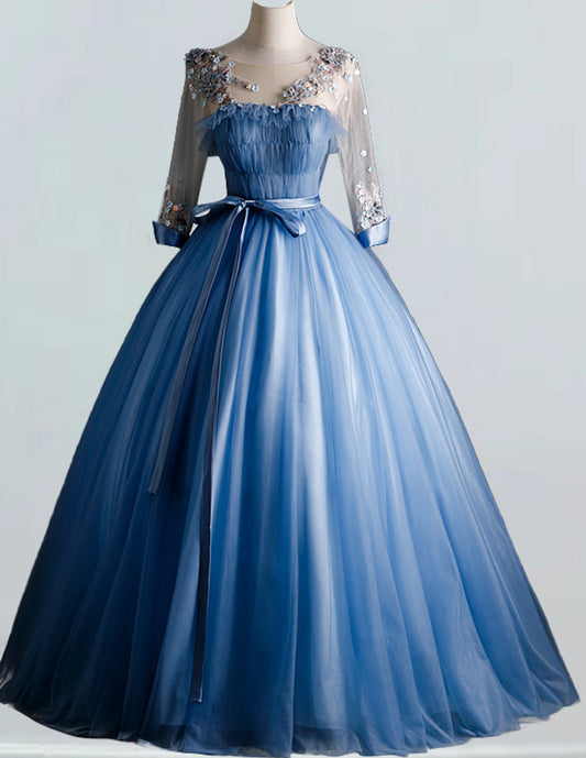 Blue pleated lace applique scoop long tulle ball gown for girls, perfect for prom, weddings, and formal events2 VIMYES