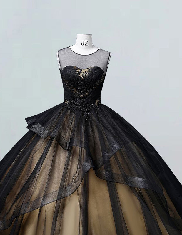 Black tulle ball gown with gold lace appliques and scoop neckline