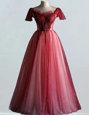Elegant Red Cap Sleeve V-Neck Tulle Prom Dress with Beading