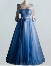 Blue pleated lace applique scoop long tulle ball gown for girls, perfect for prom, weddings, and formal events0