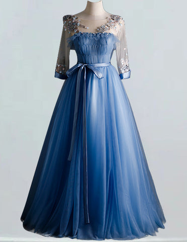 Blue pleated lace applique scoop long tulle ball gown for girls, perfect for prom, weddings, and formal events0