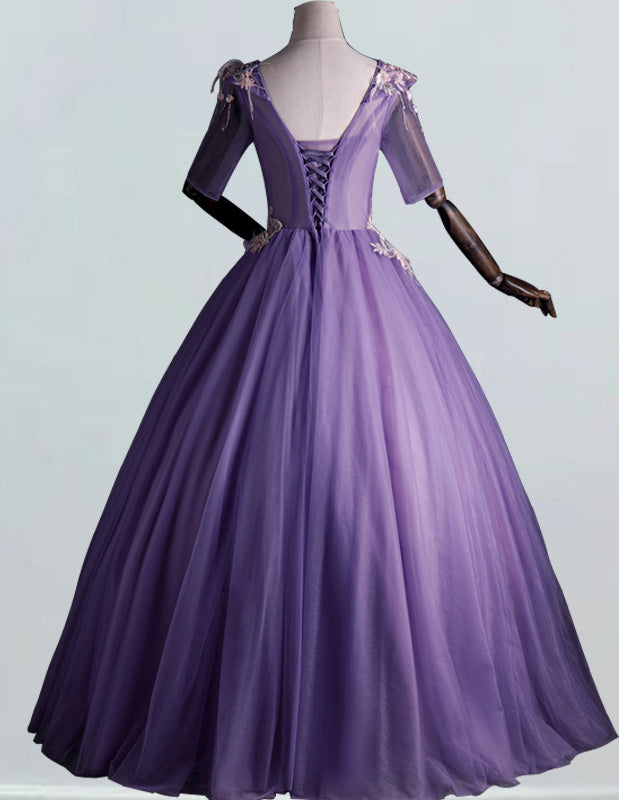 Elegant purple V-neck tulle prom dress with lace applique sleeves for girls1