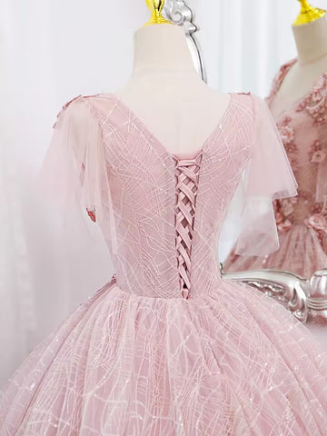 Pink v neck lace applique long ball gown evening dress