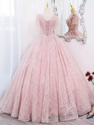 Pink v neck lace applique long ball gown evening dress