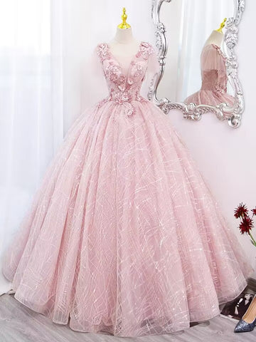 Pink v neck lace applique long ball gown evening dress