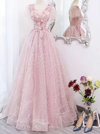 Pink v neck lace applique long ball gown evening dress