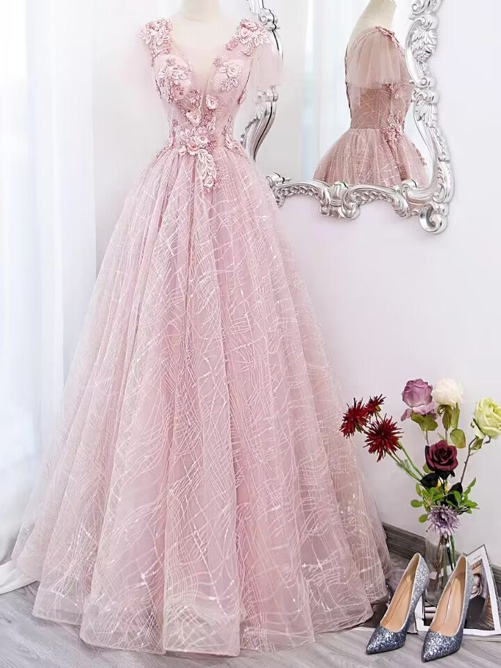 Pink v neck lace applique long ball gown evening dress