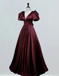 Burgundy v-neck satin prom gown long evening dress for girls0