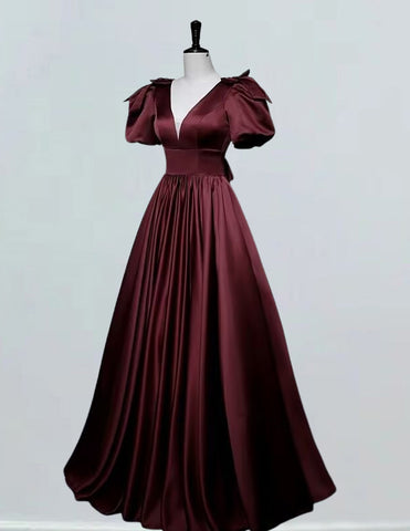 Burgundy v-neck satin prom gown long evening dress for girls0