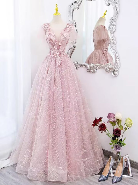 Pink v neck lace applique long ball gown evening dress VIMYES