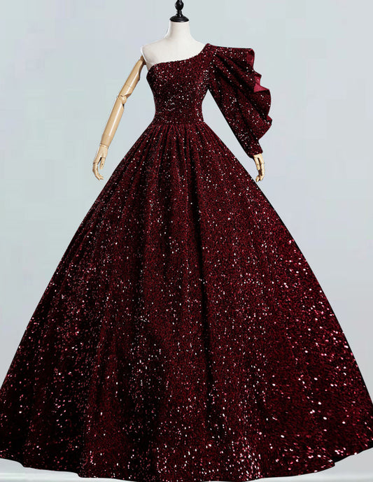 Burgundy one-shoulder sequin floor-length ball gown for quinceanera, elegant prom and bridesmaid dresses0 VIMYES