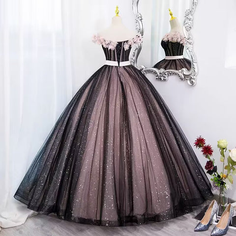 Off the shoulder 3D flower glitter tulle ball gown long evening dress