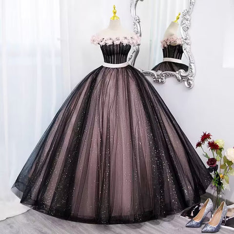 Off the shoulder 3D flower glitter tulle ball gown long evening dress