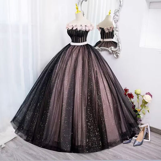 Off the shoulder 3D flower glitter tulle ball gown long evening dress VIMYES